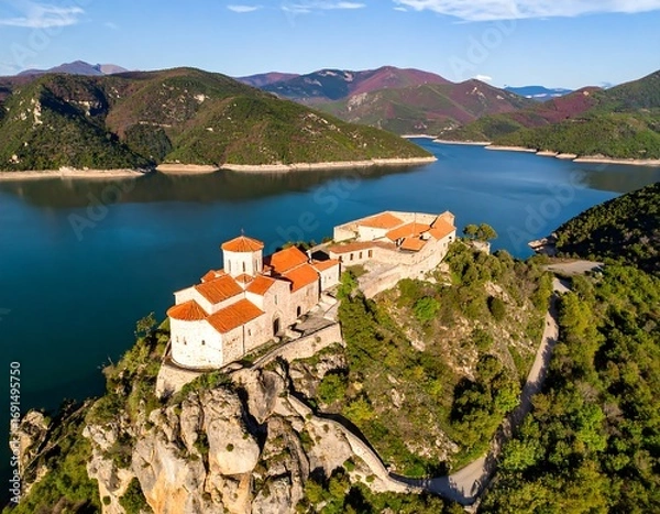 Fototapeta Panoramic view of a monastery perched atop a rocky hill overlooking a serene lake