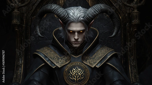 Fototapeta Mysterious figure seated on a dark throne with striking features, glowing eyes, and elaborate attire in a fantasy-themed ambiance