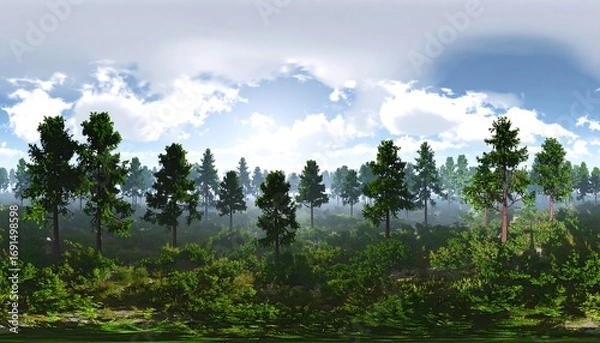 Fototapeta Panoramic view of a pine forest under a cloudy sky