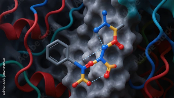 Fototapeta New drug interaction in molecular universe with protein binding and chemical structure in scientific research