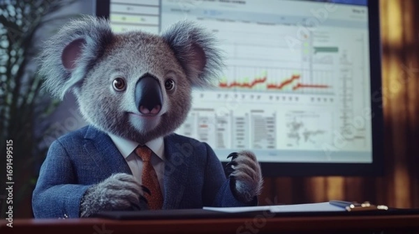 Fototapeta Koala in a suit sitting at a desk in front of a computer screen displaying a financial chart data