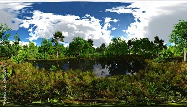 Fototapeta Panoramic view of a serene forest with a pond