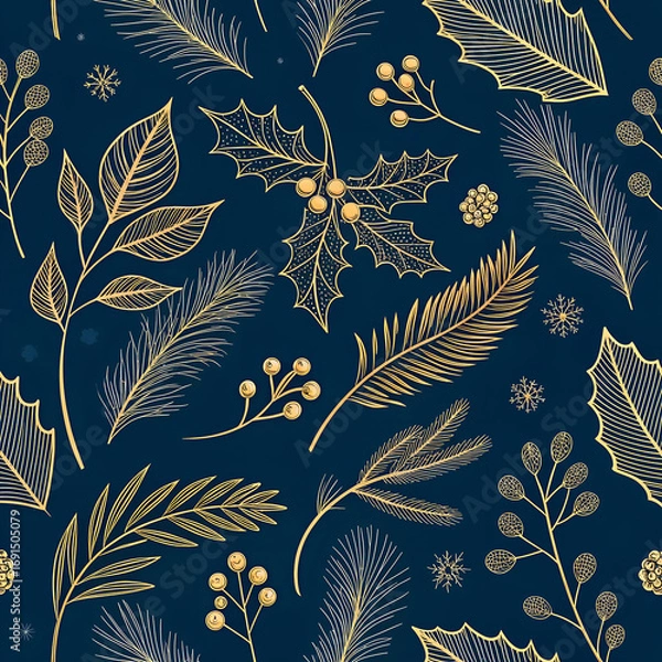 Fototapeta Luxury seamless pattern with pine branches, holly leaves, and berries in thin gold lines on dark navy blue.