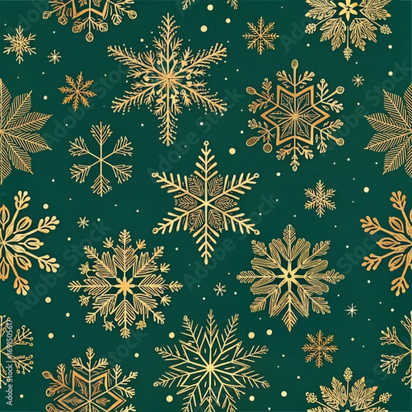 Fototapeta Seamless vector pattern of elegant golden snowflakes on deep emerald green background, luxury holiday design for packaging and wrapping paper.