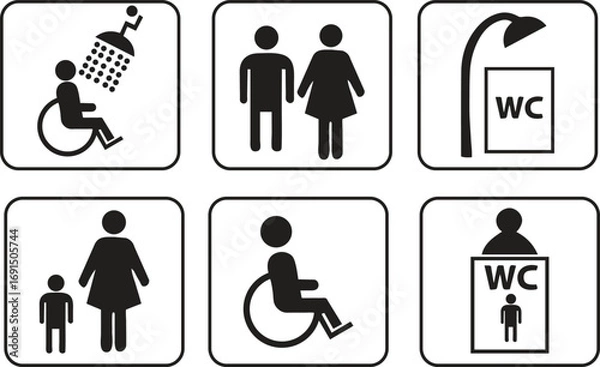 Fototapeta Set of Six Black and White Icons for Public Facilities and Accessibility symbol facility