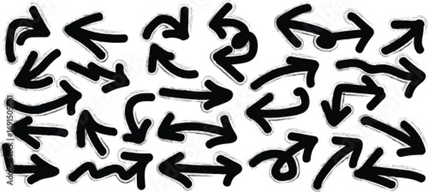 Fototapeta Large Group of Black Hand- Drawn Brush Stroke Arrows in Various Directions hand-drawn brush strokes