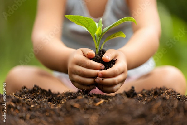 Fototapeta Tiny Hands Nurturing Growth A Child's Hands Gently Hold a Small Plant Sprout with Soil Symbolizing New Beginnings Hope and the Promise of a Green Future