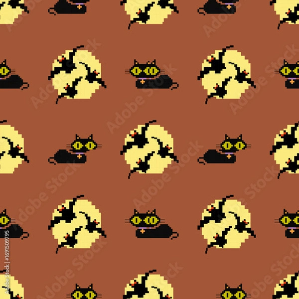 Fototapeta 
Halloween pattern of black cat, moon and bats