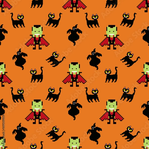Fototapeta Frankenstein and Black Cat Halloween Pattern