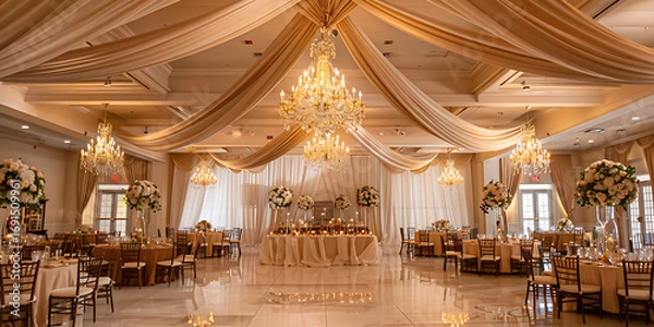 Obraz Elegant ballroom decorated for a luxurious event with chandeliers and draped fabric