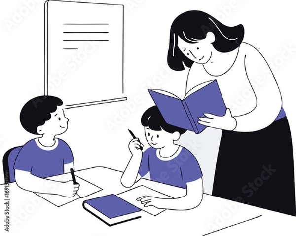 Fototapeta Teacher instructing students at a table in a classroom setting vector illustration white background