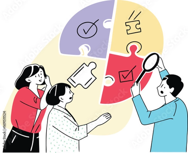 Fototapeta Diverse professionals collaborating on puzzle pieces exploring ideas and solutions vector illustration white background