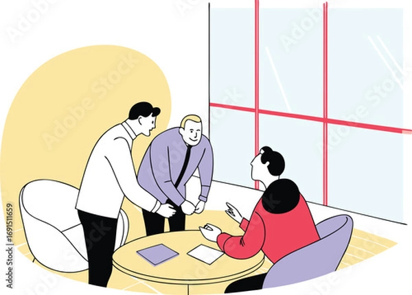 Fototapeta Modern office meeting vector illustration of professionals collaborating around a table white background