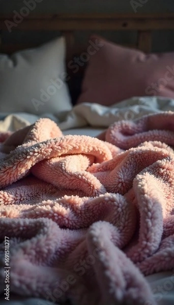 Fototapeta Cozy, plush blanket draped over a bed, inviting a peaceful night's sleep Soft textures and warm colors create a serene atmosphere perfect for relaxation and rest , bedroom, serene, nap