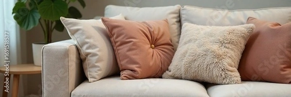 Fototapeta Cozy living room scene featuring a plush, textured cushion in soft neutral tones, adding comfort and style to the sofa , sofa cushion,  comfy,  grey