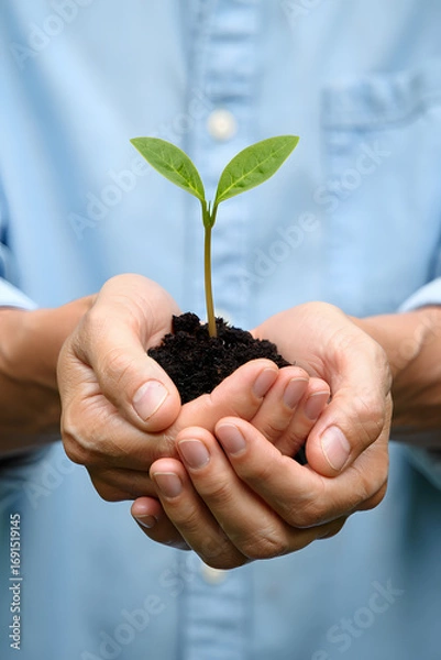 Fototapeta Close-Up of Hands Holding a Sprout with Soil Against a Soft Blue Shirt Background, Symbolizing Growth, New Beginnings, and Environmental Stewardship in Agriculture