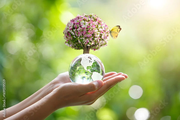 Fototapeta Global Bloom A Hand Holding a Glass Globe Topped with Flowers and a Butterfly Symbolizing Environmental Harmony and the Beauty of Nature on Green