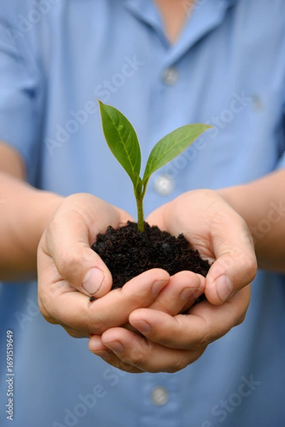 Fototapeta Nurturing Growth A Person's Hands Gently Cradle a Young Sprout Emerging from Soil Symbolizing New Beginnings and Environmental Stewardship in a Bright Setting