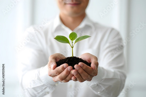 Fototapeta Cultivating Potential A Person's Hands Tenderly Cradle a Young Sprout Emerging from Soil Symbolizing Growth, Opportunity, and Environmental Responsibility in a Clean Setting