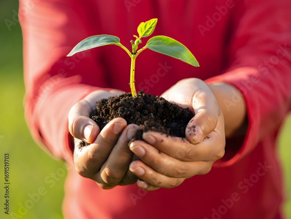 Fototapeta Cultivating Growth A Close Up of Hands Holding a Young Plant with Soil Against a Soft Green Background Symbolizing New Life and Environmental Awareness