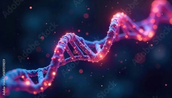 Fototapeta Close-up shot of DNA strands glowing vibrantly against a dark background, representing a revolutionary biotechnological advancement ,  genetic engineering,  cellular,  laboratory