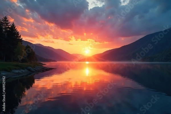 Fototapeta Serene lakeside scene at sunset, perfect for relaxation and escape Calm water, tranquil atmosphere, ideal for leisure and peaceful contemplation , rejuvenating, sunset