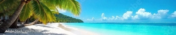 Fototapeta Idyllic tropical beach scene with swaying palm trees, pristine white sand, turquoise water, and vibrant blue sky Perfect for travel, vacation, and summer themes , humidity, idyllic