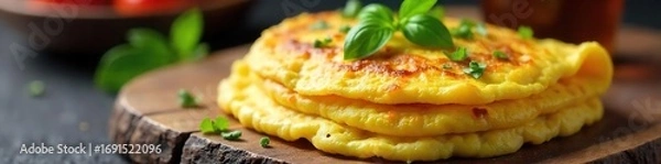 Fototapeta Fluffy omelet and a stack of omelettes on a rustic wooden board, ready to be enjoyed for breakfast or brunch A delicious and healthy meal option , protein, food