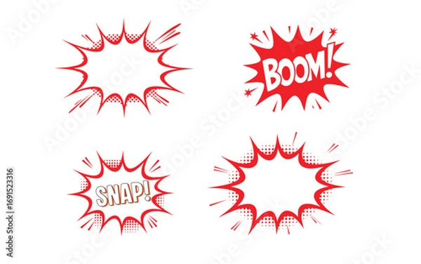 Fototapeta Comic pop art bursts display red halftone textures and words on white background with transparency