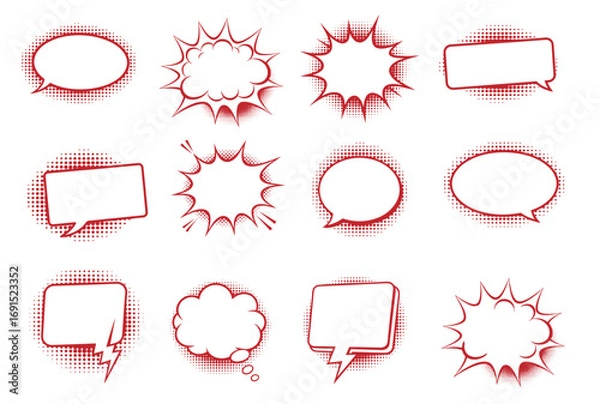 Fototapeta Twelve distinct red comic style bubbles are patterned against a white background with halftone accents