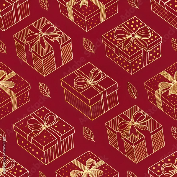 Fototapeta Luxury seamless pattern with stylized gift boxes in golden line art on a deep red background.