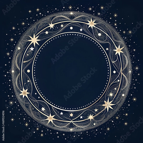 Fototapeta Elegant round Christmas frame of thin silver lines and stars, dark background with copy space.