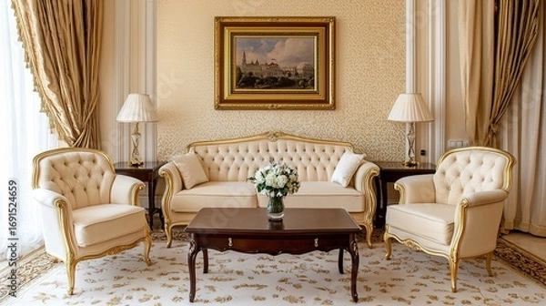 Fototapeta A luxurious living room featuring elegant furniture, soft colors, and tasteful decor, creating a warm and inviting atmosphere.