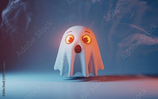 Fototapeta A cute, surprised cartoon ghost with wide, glowing orange eyes and an open mouth hovers in a smoky, dark blue and red lit environment. 