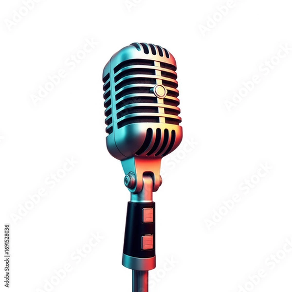 Fototapeta A vintage microphone, beautifully rendered, highlighted by vibrant color gradients on a black backdrop.