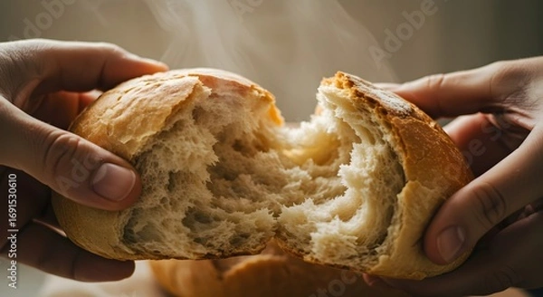 Fototapeta Freshly baked bread being pulled apart by two hands, with steam rising in a cozy kitchen setting