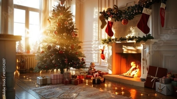 Fototapeta Festive Christmas Living Room Decor with Tree and Fireplace Warm Lighting Cozy Atmosphere