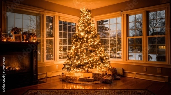 Fototapeta Festive Christmas Tree Decorated with Lights in Cozy Living Room During Evening
