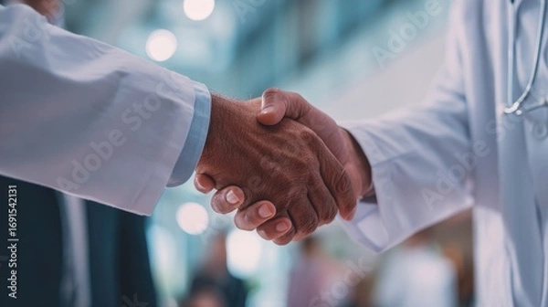 Fototapeta Close-up of a handshake between a doctor in a white coat and another person in a suit, with blurred figures in the background