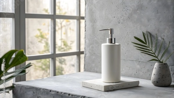 Obraz Lotion Pump Minimalist. Minimal lotion pump on concrete gray background with soft light.