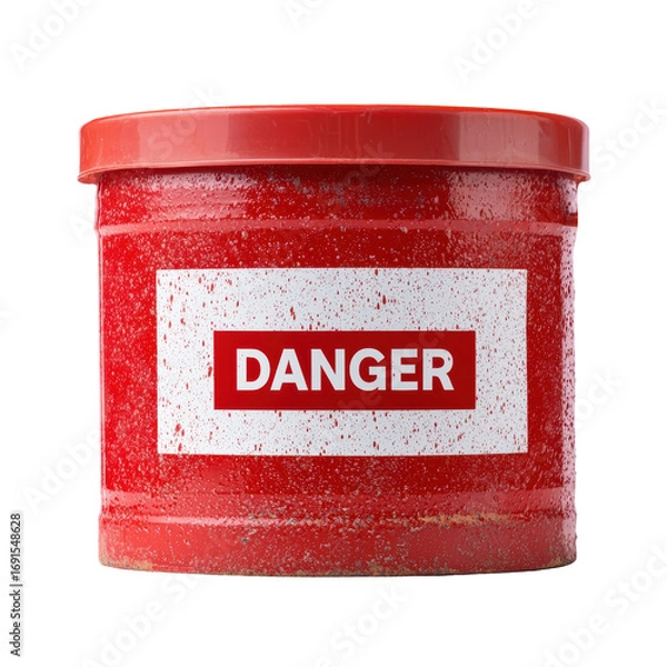Fototapeta Red metal barrel with Danger label, indicating hazardous material. barrel is weathered