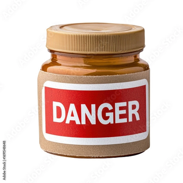 Fototapeta Jar with red DANGER label, suggesting caution. jar is sealed with brown lid and contains brown substance