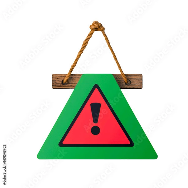 Fototapeta Green triangular warning sign with red triangle and exclamation mark hangs from rope