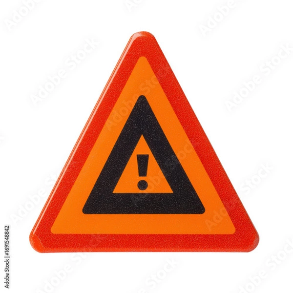 Fototapeta Bright orange triangular warning sign with exclamation mark in center, indicating caution or alert
