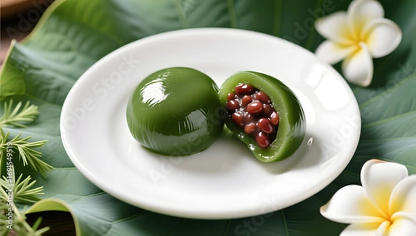 Fototapeta Qingming festival qingtuan cut open with red bean filling