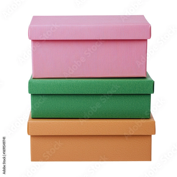 Fototapeta Three colorful storage boxes stacked, featuring pink, green, and orange hues, perfect for organizing with style