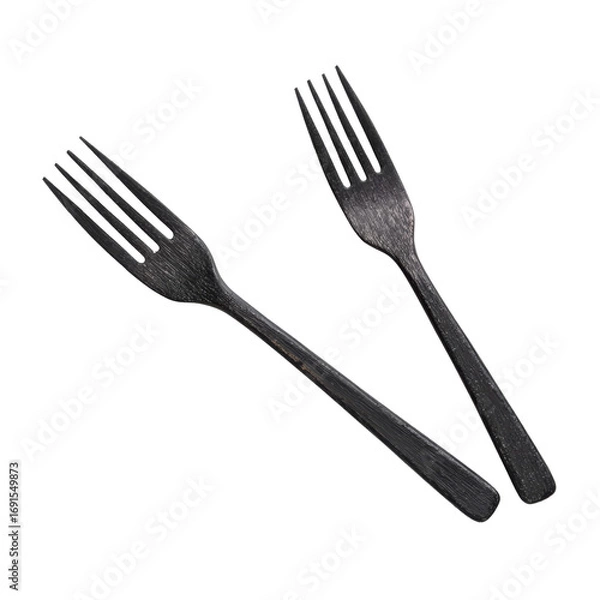 Fototapeta Two elegant black wooden forks on transparency background, showcasing minimalist design and natural texture