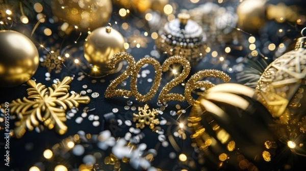 Fototapeta Festive Golden New Year Decorations with 2022 Glittering Number in Black Background