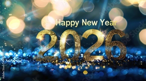 Fototapeta Festive Golden Number 2026 with Happy New Year Message in Bright Bokeh Background