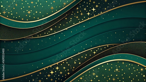 Fototapeta Luxury abstract gradient mesh background in black and emerald with scattered gold sparkles, ideal for premium holiday promotions.